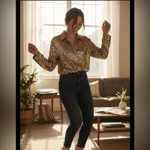 Vintage Three Flaggs I. Magnin Gold Sequin Disco Shirt Blouse 70s 80s Glam Sz M